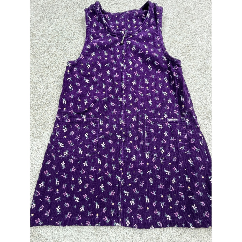Vintage OshKosh Bgosh Girls Purple Floral Corduroy Zip Front Jumper Dress Sz 6